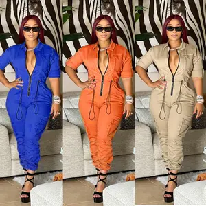 2025 plus size summer women's casual fashion multi pocket workwear waist jumpsuit cardigan trousers