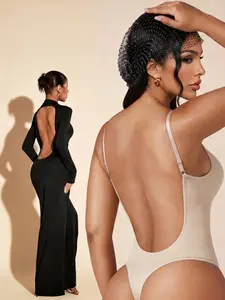 Nude Beige Low-Back Seamless Bodysuit, Ultra-Thin Adjustable Strap Backless Shapewear, No-Show Comfort Lingerie for Dresses & Evening Wear