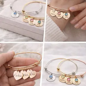 Personalized Birthstone Bracelet for Mom Custom Name & Birthstone Bangle Family Jewelry Gift for Mom Grandma Adjustable Stainless Steel Heart Charm