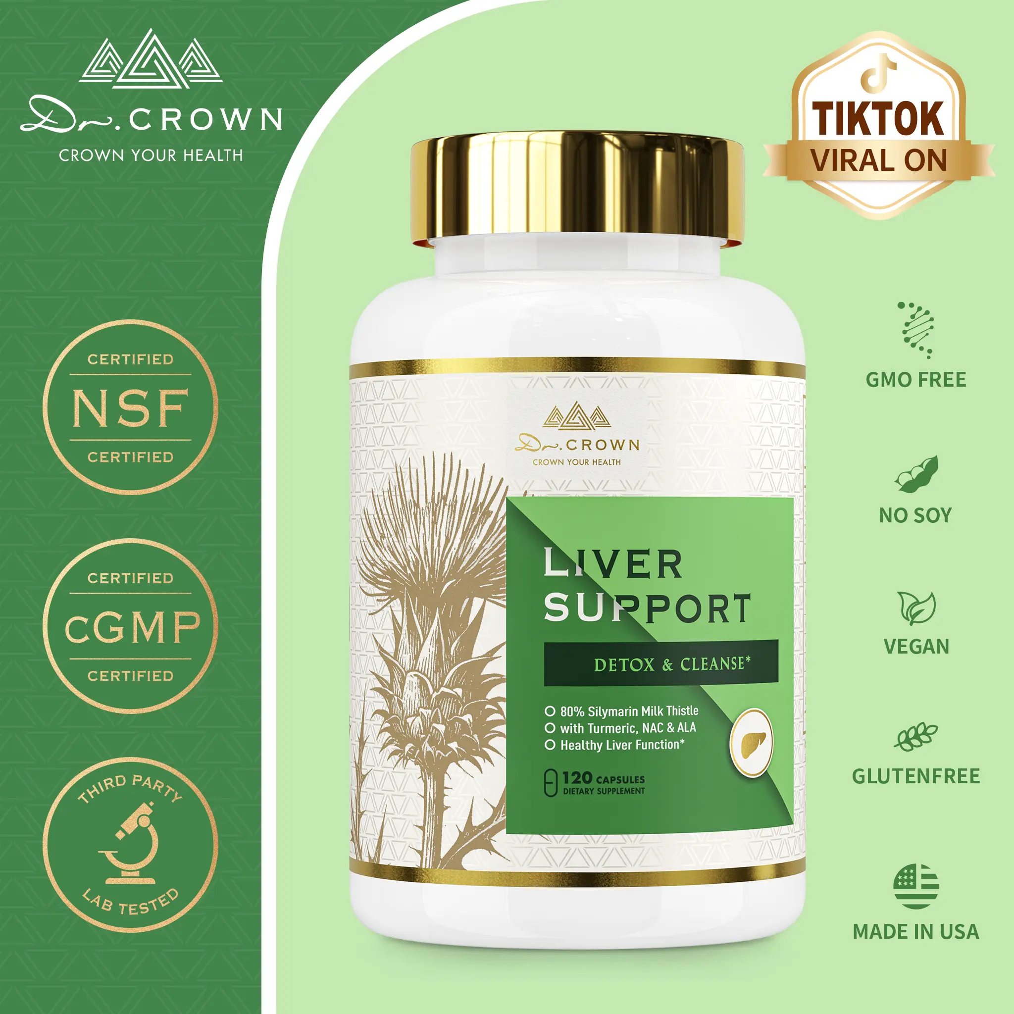 Dr. CROWN Liver Support Supplement for Detox & Cleanse with Milk Thistle, NAC, ALA & Turmeric - 120 Capsules