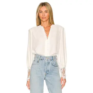 L'AGENCE Ava Lace Cuff Blouse in Ivory