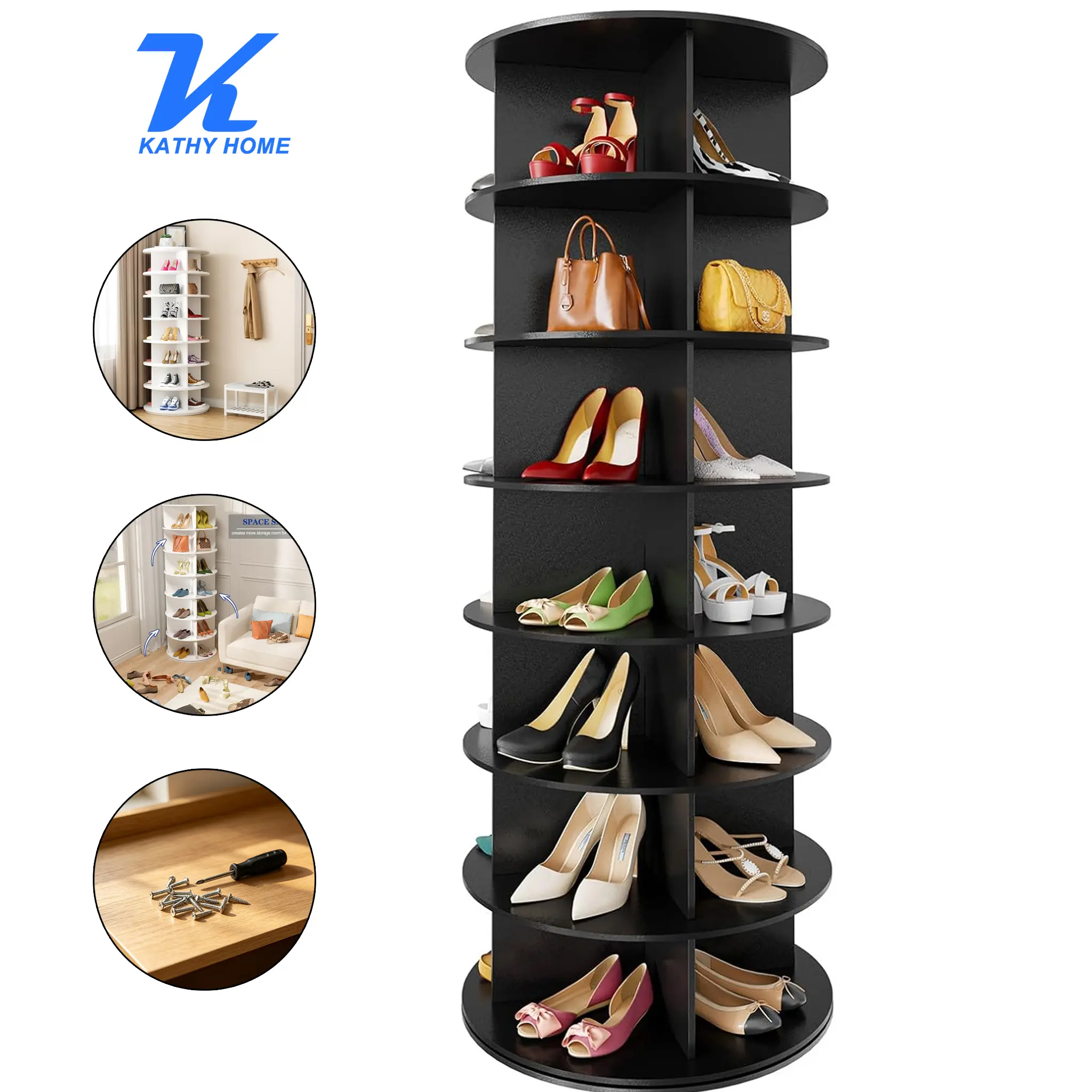 KATHY HOME 360° Rotating 7-Tiers Organizer Shoe Rack Fits 24-28 Pairs Spinning Mechanism for Entryway Living Room Hallway Durable Wood #Summervibes, 360-Degree Shoe Storage, Cylindrical Shoe Storage
