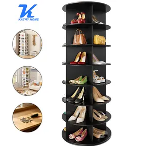 KATHY HOME 360° Rotating 7-Tiers Organizer Shoe Rack Fits 24-28 Pairs Spinning Mechanism for Entryway Living Room Hallway Durable Wood #Summervibes, 360-Degree Shoe Storage, Cylindrical Shoe Storage