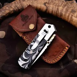 JW SteelCrafts Handmade Folding Cleaver-Blade Tool - Marble Resin Handle for Camping, Hiking