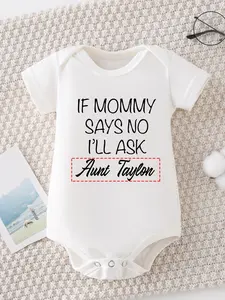 Unisex Baby Cotton Bodysuit - Short Sleeve Casual Wear, Fitted Fit, Playful Design (Bottle Icon & Milk Gauge Accents), Funny Slogan "If Mommy Says No I'll Ask Aunt", Customizable