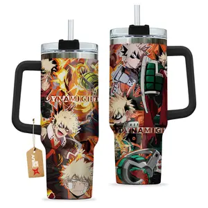 STORMMECH 40oz Full Width Handle Tumbler - MHA Anime Theme Double Wall Stainless Steel Vacuum Insulated Water Bottle, Portable Washable Lid Beverage Flask, Otaku Gift for Iced Coffee, Water Bottles