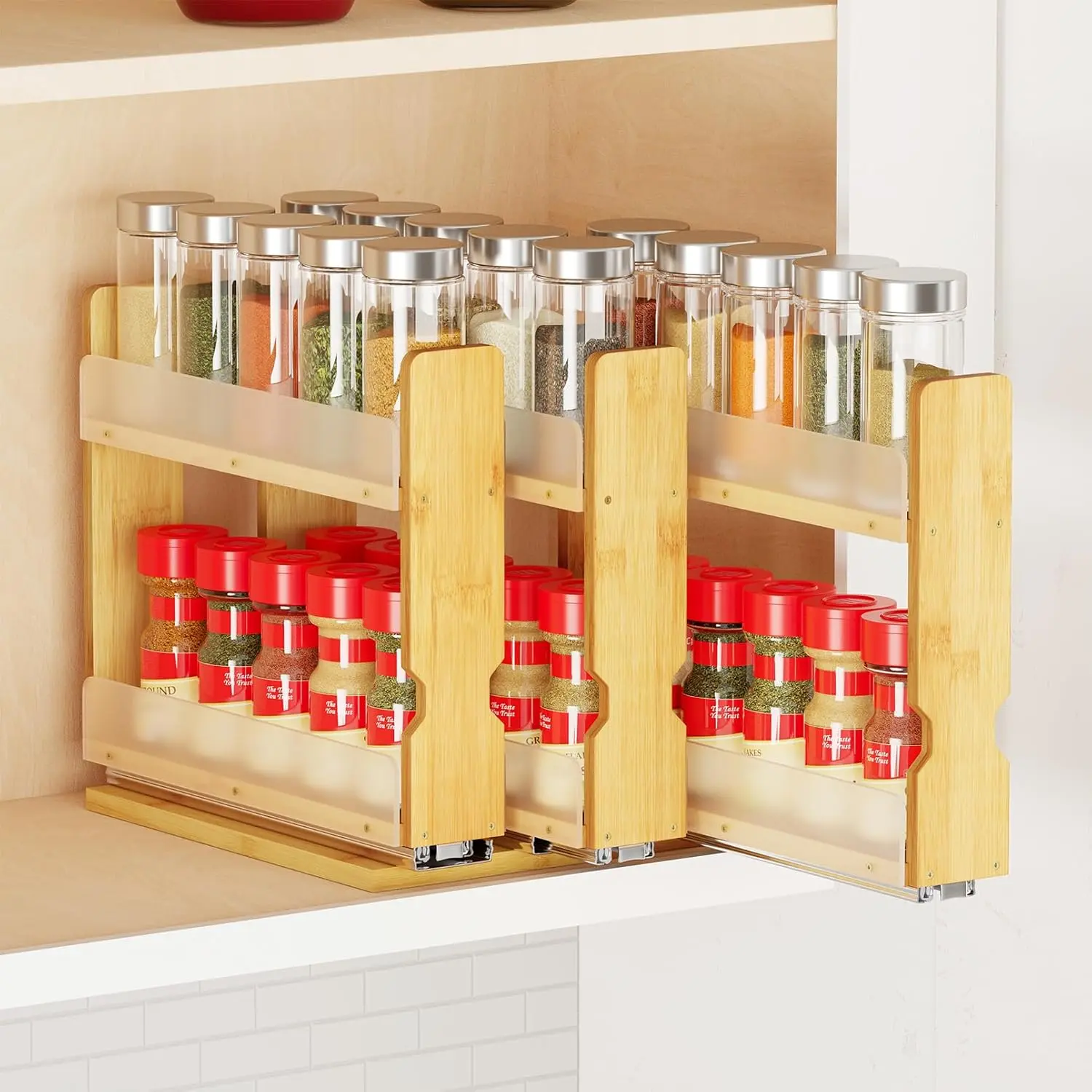 Space-Saving Bamboo Pull Out Spice Rack Organizer for Cabinet, Heavy-Duty Slide-Out 2-Tier Seasoning Pantry Vertical Organizer, 7.6" Wide with 3 x 2" Wide Drawers, Natural