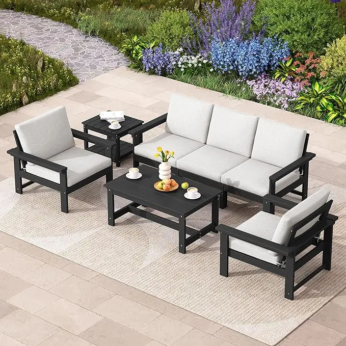 SERWALL HDPE Outdoor Patio Furniture Set, 7-Piece Outdoor Sectional Patio Conversation Set, All Weather Outdoor Couch Set Patio Sofa Set for Deck
