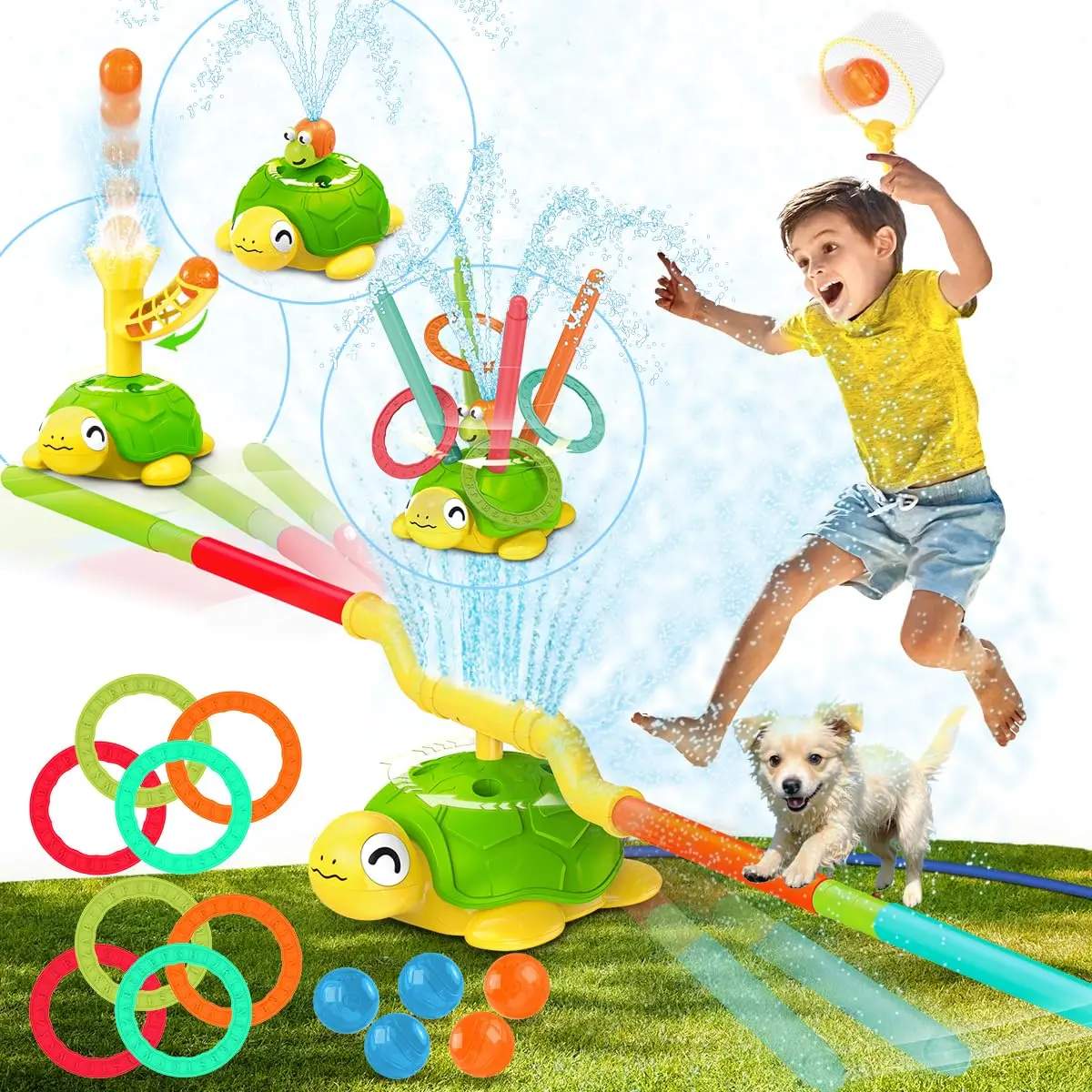 Buy one, get one free (same item) 4-in-1 Turtle Water Sprinkler Toys for Kids - Summer Oudoor Toy with Baseball Ringtoss Tubes - Outside Yard Lawn Backyard Park Garden Pool Games for Age 3 4 5 6 7 8 Year Old Toddlers Boys Girls Gifts