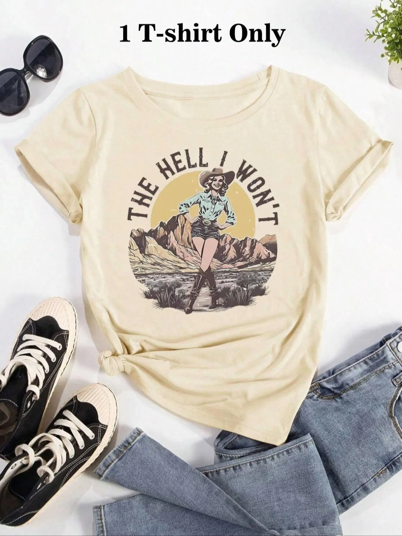 Women's Cartoon Cowgirl & Letter Print Round Neck Tee, Vintage Trendy Casual Streetwear Soft Fitted Short Sleeve T-shirt Top for Daily Wear, Ladies Summer Clothes, Piece, Womenswear, Casual Tops