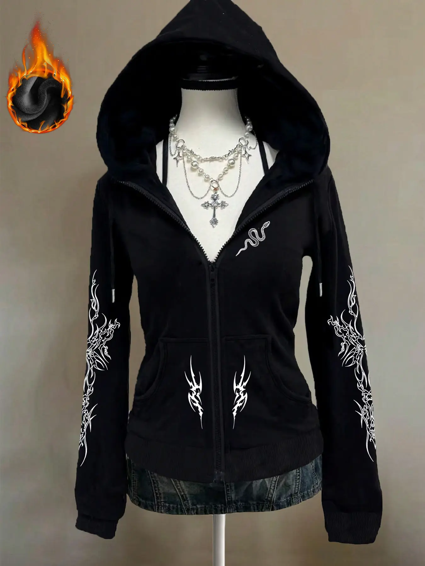 New thick heavyweight fleece, subculture y2k Gothic chic print, black hooded Aesthetic Hoodie Long Sleeve Fitted zipper Street sweatshirt jacket, American retro top, Dark Aesthetic Streetwear, Streetwear, Womenswear