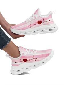 Women's Heartbeat Print Lace Up Athletic Running Shoes, Casual Comfortable Breathable Running Sneakers Sports Shoes, Female All-match Round Toe Shoes for Daily Wear