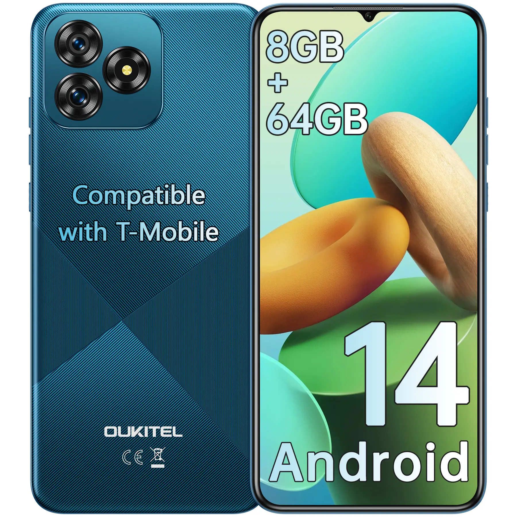 OUKITEL C53 Android 14 Smartphone Without Contract - 8GB + 64GB / 1TB Mobile Phone Without Contract, Octa Core 6.6" HD+ Smartphone, 13MP + 5MP Camera