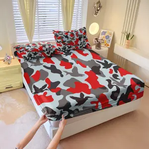 Red-Grey Duck Hunter Camouflage Print Fitted Sheet Set & 2 Pillowcases, Black Gray Red Color Camo Pattern with Flying Duck Silhouette, Anti-Slip Mattress Protector, Street Cool Bedroom Decor, Gift Giving