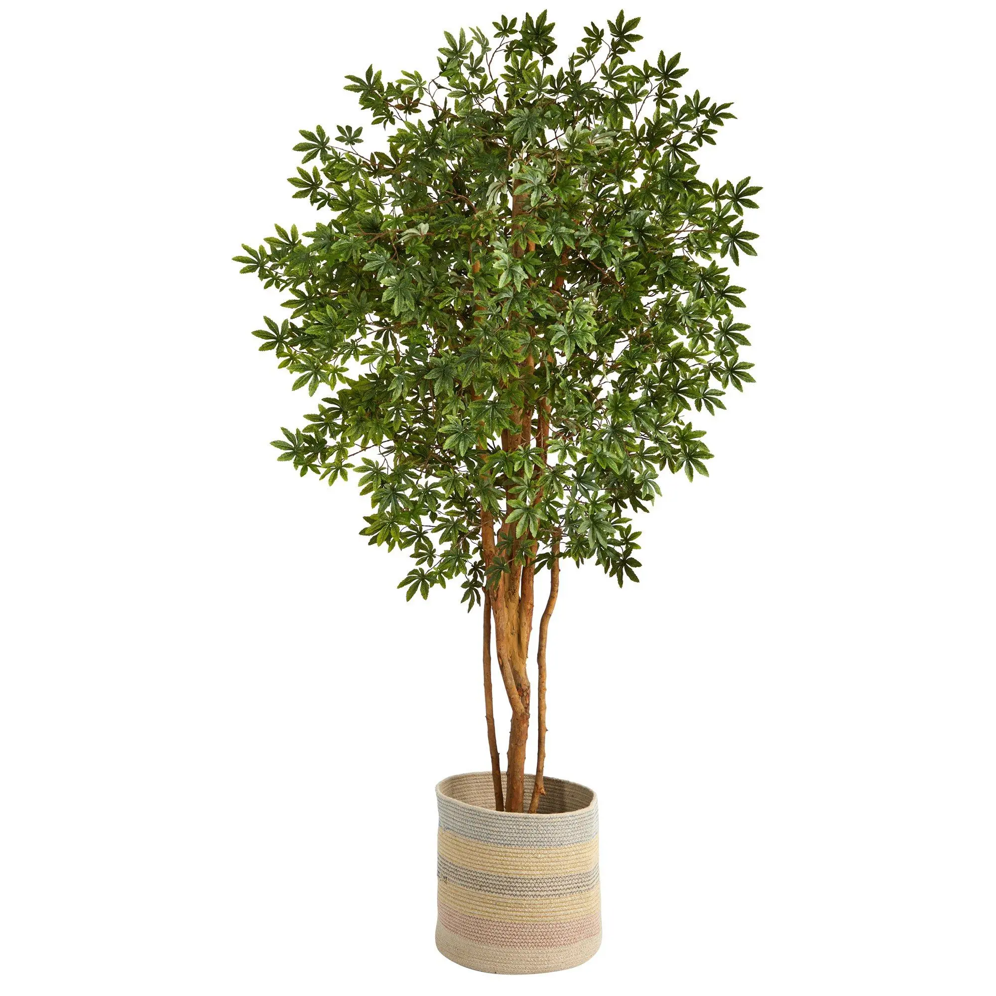 6ft Synthetic Japanese Maple Artificial Tree - Decorative Home Decor Item, Aesthetic Room Accessory, Nature-Inspired Decor for Rooms in Handmade Natural Cotton Multicolored Woven Planter, Room Accessories