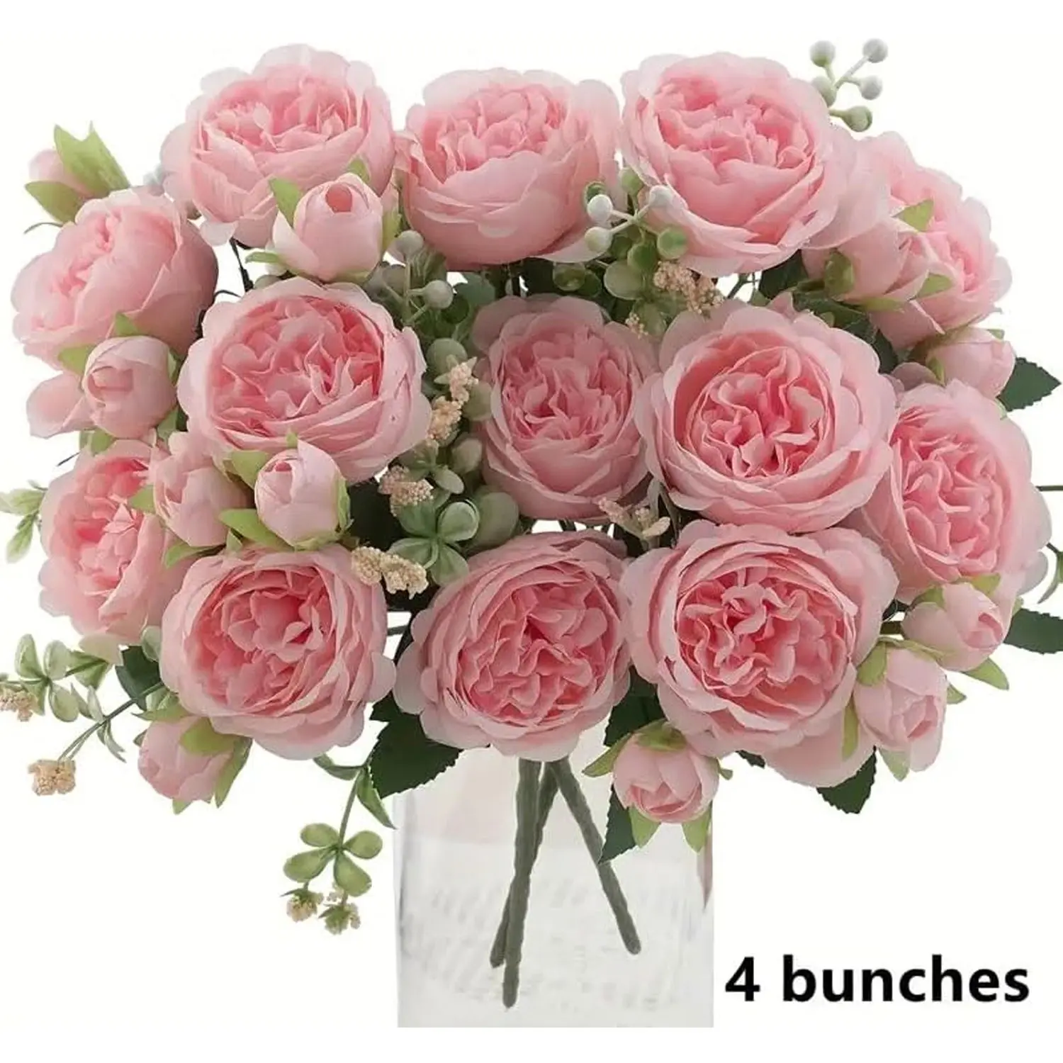 4-piece artificial peony bouquet - artificial blooming peonies with green leaves, suitable for weddings, Mother's Day, spring decoration, Floral Decor - plastic flowers, Fake Silk Flower Arrangements, Decorative artificial flower, without vase