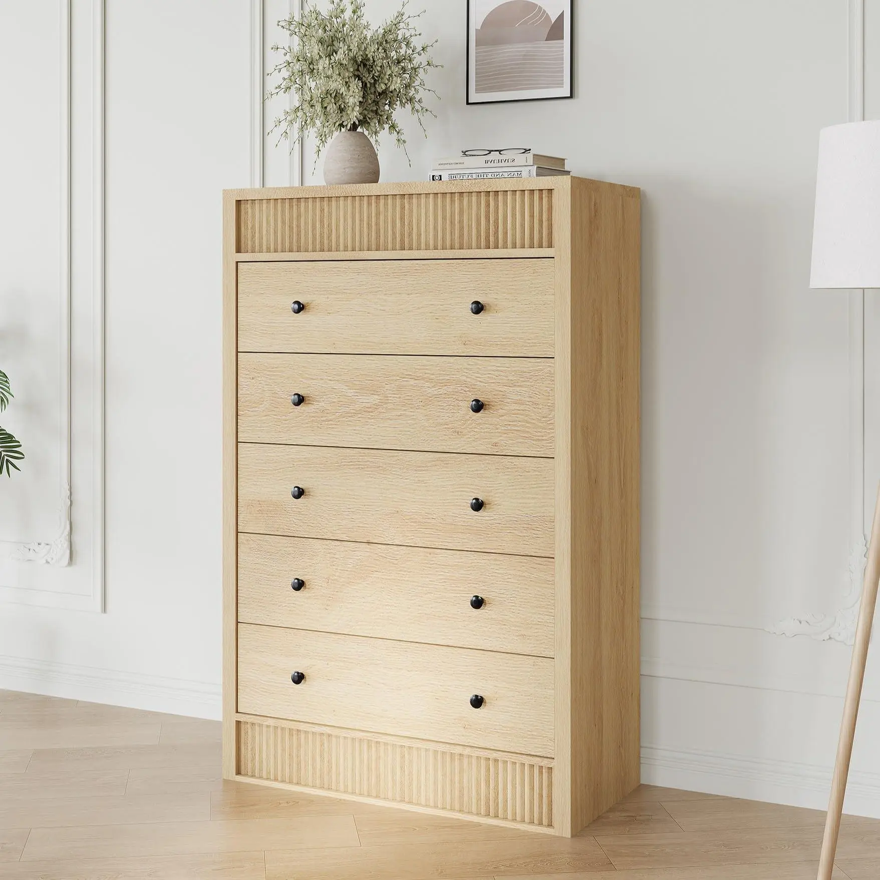 GARVEE Natural Oak Dresser - 5-Drawer Tall, 31.5" Wide Fluted Chest of Drawers, Modern Wood Storage Cabinet for Bedroom, Kids Room