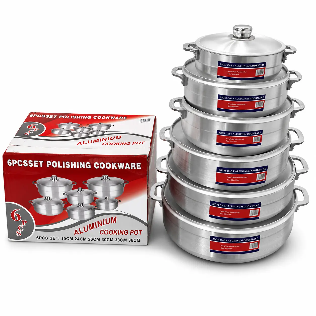 6 PCS Aluminum Cooking Pot Set with Lids, Handles, 19-36cm Thick Aluminum-Based Stove-Top Heatproof Deep Saucepan Pots for Kitchen Use
