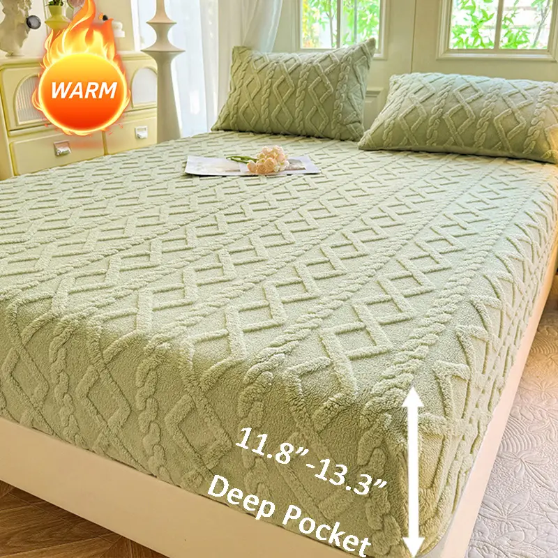 King Queen Size Diamond Pattern Bed Sheet Set, Thick Velvet Fabric, 360 Degree Wraparound, Deep Pocket, Comfy Bed Sets, Christmas Gift