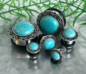 PAIR of Unique Turquoise Brass Top Surgical Steel Single Flare Plugs with O-Rings - Gauges 0g (8mm) thru - 1" (25mm)