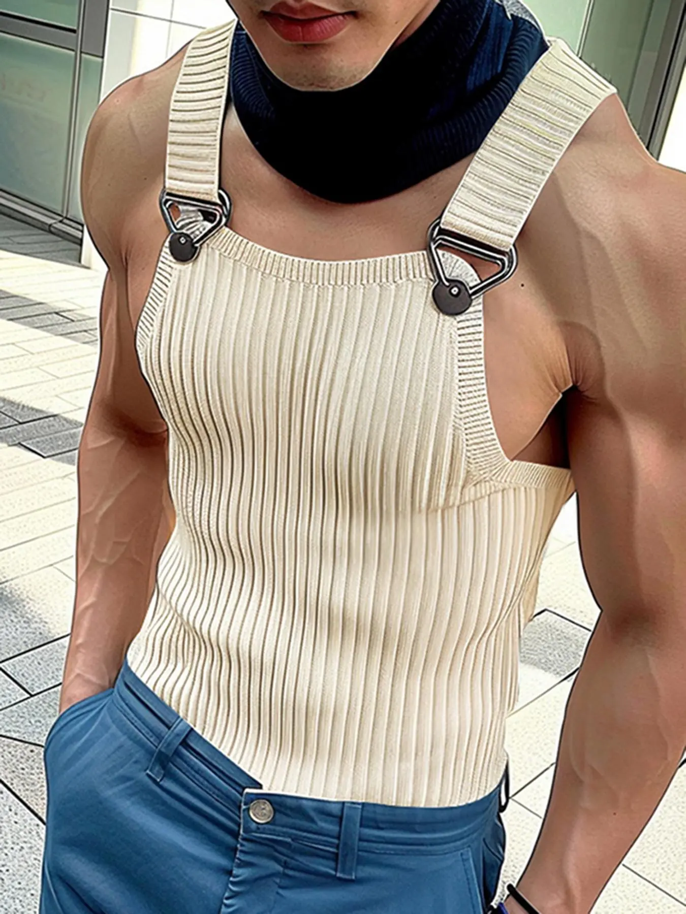 Men's Solid Color Knitted Sleeveless Button Front Tank Top, Streetwear Casual Square Collar Suspender Vest for Summer Gym Workout, Fashion Men's Clothes for Daily Wear, Solid Tank Tops