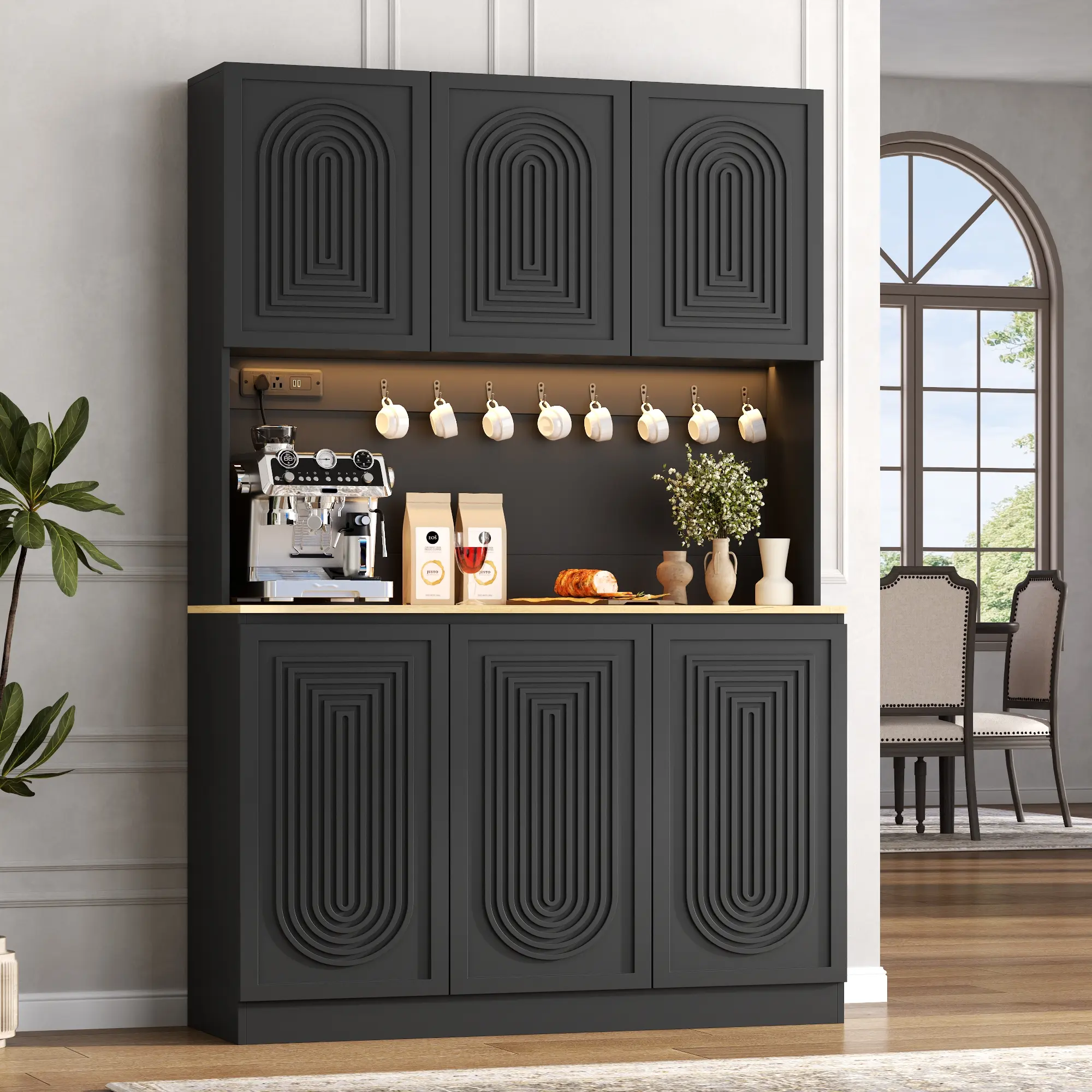 Gyfimoie Large Kitchen Pantry Storage Cabinet，Kitchen Hutch with LED Light & Outlet, 71" Tall Freestanding Buffet Cabinet with Adjustable Shelf & 6 Doors