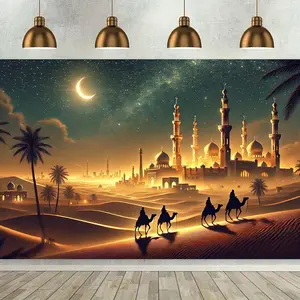 1pc Desert Night Sky Polyester Backdrop Banner - Moonlit Dunes, Camels, Mosque Design, 8.0x6.0ft Wall Decor for Living Room, Wedding Party, No Electricity Required Home & Outdoor Tapestry
