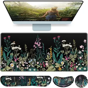 4-in-1 XXL Large Gaming Mouse Pad Desk Mat Set with Wrist Rest, Includes Keyboard Wrist Rest, Mouse Wrist Support and Cup Coaster, Ergonomic Floral Decor Desk Pad for Home Office Women Gaming