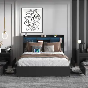 Full Size Bed with 4 Large Drawers & LED Light, Modern Full Platform Bed Frame with Tall Storage Headboard, Charging Station & Solid Metal Slats, No Box Springs Needed, Noise Free, Easy Assembly, Black