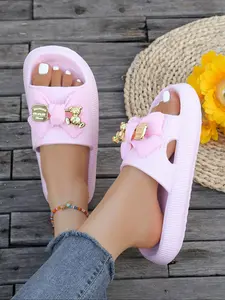 Women's Cute Bear Decor Slides, Casual Comfortable Non-slip Slides for Summer, Lightweight Breathable Slippers for Indoor & Outdoor Wear, Girl