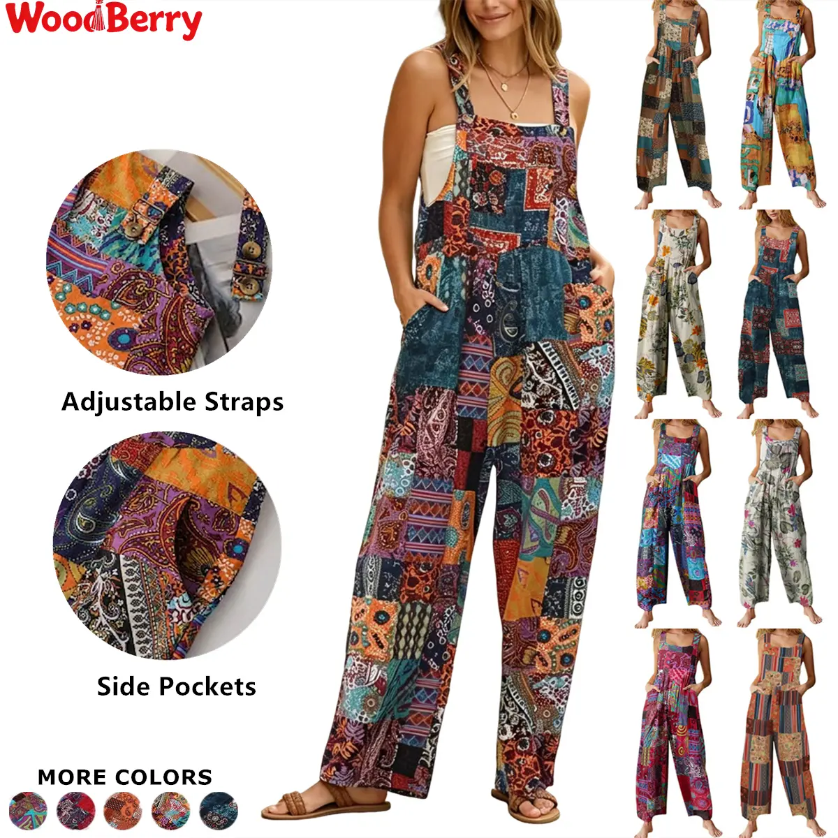 Women's Patchwork Jumpsuit Loose Floral Print Bohemian Overalls Wide Leg Bib Overall Casual Womenswear Baggy Rompers with Pockets summerwins Wideleg