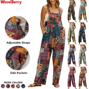 Women's Patchwork Jumpsuit Loose Floral Print Bohemian Overalls Wide Leg Bib Overall Casual Womenswear Baggy Rompers with Pockets