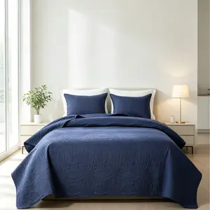 【Deals For You Days】Dark Blue Cotton Coin Pattern Queen Size 3-Piece Ultrasonic Bedding Set with Pressing Technology, Lightweight Soft Stitch-Free Modern Coverlet, All-Season Machine-Washable Quilt Set Bedspread Comforter, Bedding Comforter Set