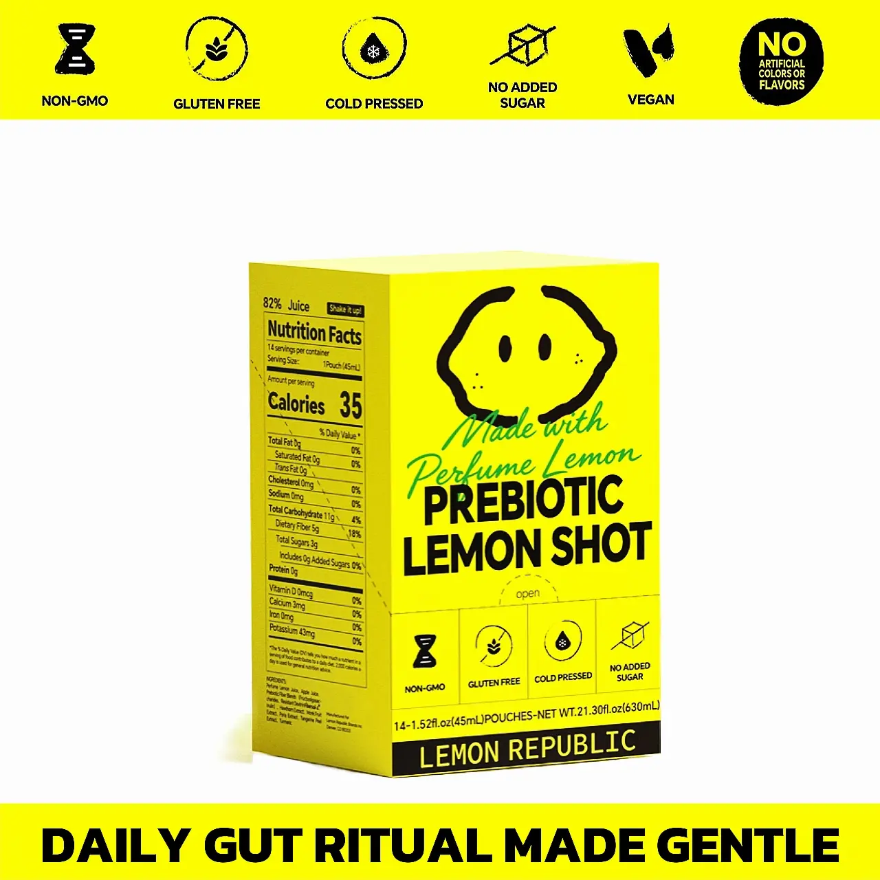 Lemon Republic Prebiotic Lemon Shot – Support Digestion, Reduce Bloating, Gut Health & Metabolism, Citrus Flavor with Prebiotic Fiber, Turmeric& Perfume Lemon, Gentle on Stomach, ,Easy Daily Gut Routine, No Added Sugar, Cold-Pressed, Gluten-Free, Non-GMO