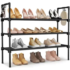 3 Tier Shoe Rack Organizer with 5 Hooks – Stackable Free Standing Shoe Shelf for Closet, Entryway, Garage & Small Spaces