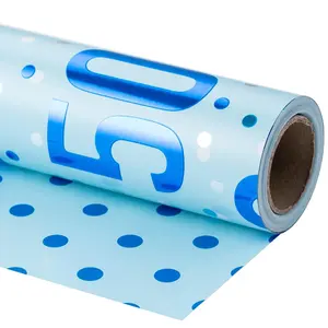 Reversible Metal Foil Blue Gift Wrap Paper, 50th Birthday Wedding Anniversary Theme, Party Decoration, 43.2cm X 1000cm, 1 Roll