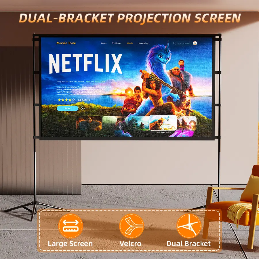 Portable projection screen with stand for outdoor use: 100-inch 4K movie screen suitable for home backyards and indoors, 16:9 HD night view.