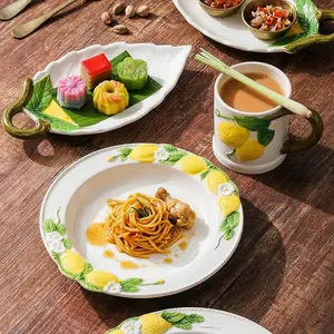 50 Hand-Painted Lemonware Dinnerware Set, Tableware, 9-Inch Plates & 5-Inch Cups, High-Quality Ceramic, Oven/microwave Safe, Perfect for Home & Gifts