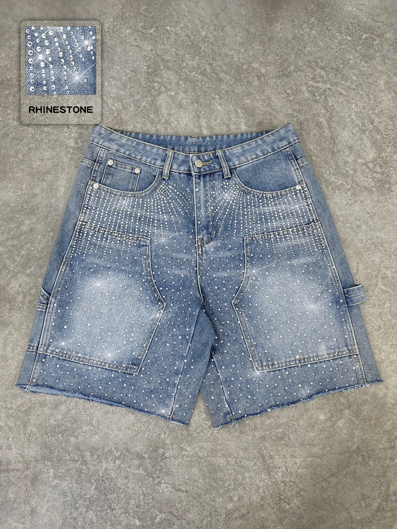 Rhinestone Embellished Slim-Fit Jeans: High-street diamond-embellished casual denim shorts, cropped jeans, casual jeans, Bottom, Pants, American street style, Streetwear, fashionable daily wear denim✨
