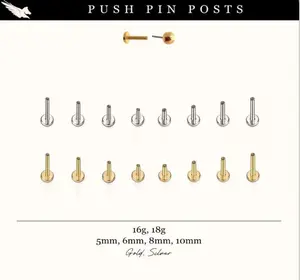 16G and 18G Threadless and Internally threaded Titanium Labret Posts Extra Backs 5mm-10mm Lenghts