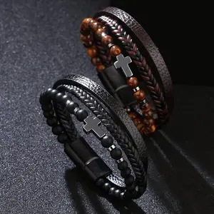 Sofia Men's Cross Leather Braided Bracelet Natural Stone Bracelet Cross Bangle Multilayer Braided Wristband Boho Style Magnetic Closure for Daily Use Christmas Gift for him
