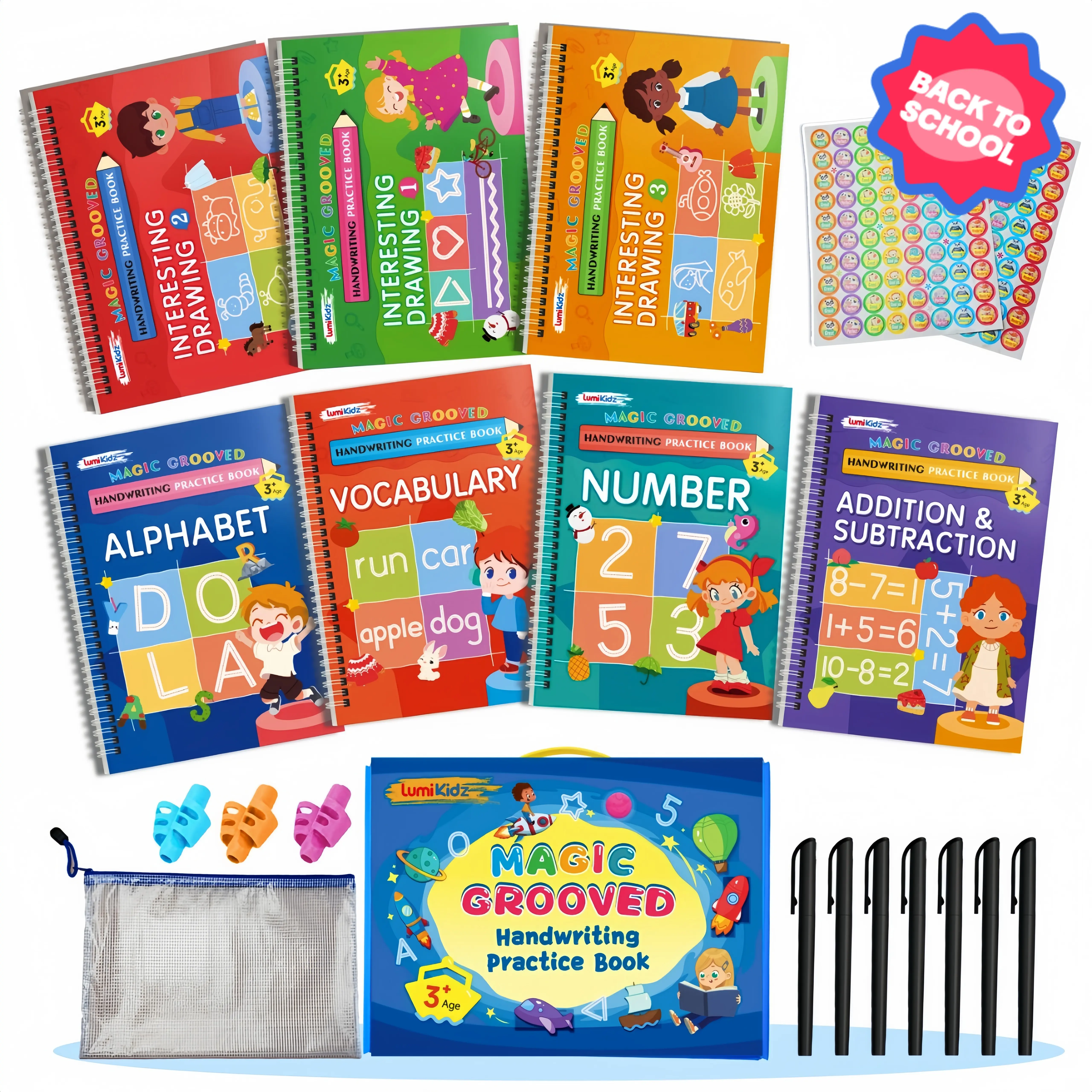 [BackToSchool]2027 LUMIKIDZ Magic Grooved Handwriting Practice Book, Preschool Back to School Supplies, Reusable Kids Tracing Workbook, Montessori Screen Free Learning Toys for 3-6 Year Old Toddlers, Kindergarten Prep, Stationery Set, Teaching Supplies, L