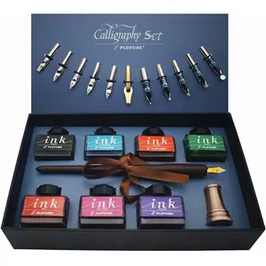 Calligraphy Pen Set Includes Wooden Dip Pen, Antique Brass Holder, 11 Nibs, 7 Colors Ink Bottles and Beginner's Manual