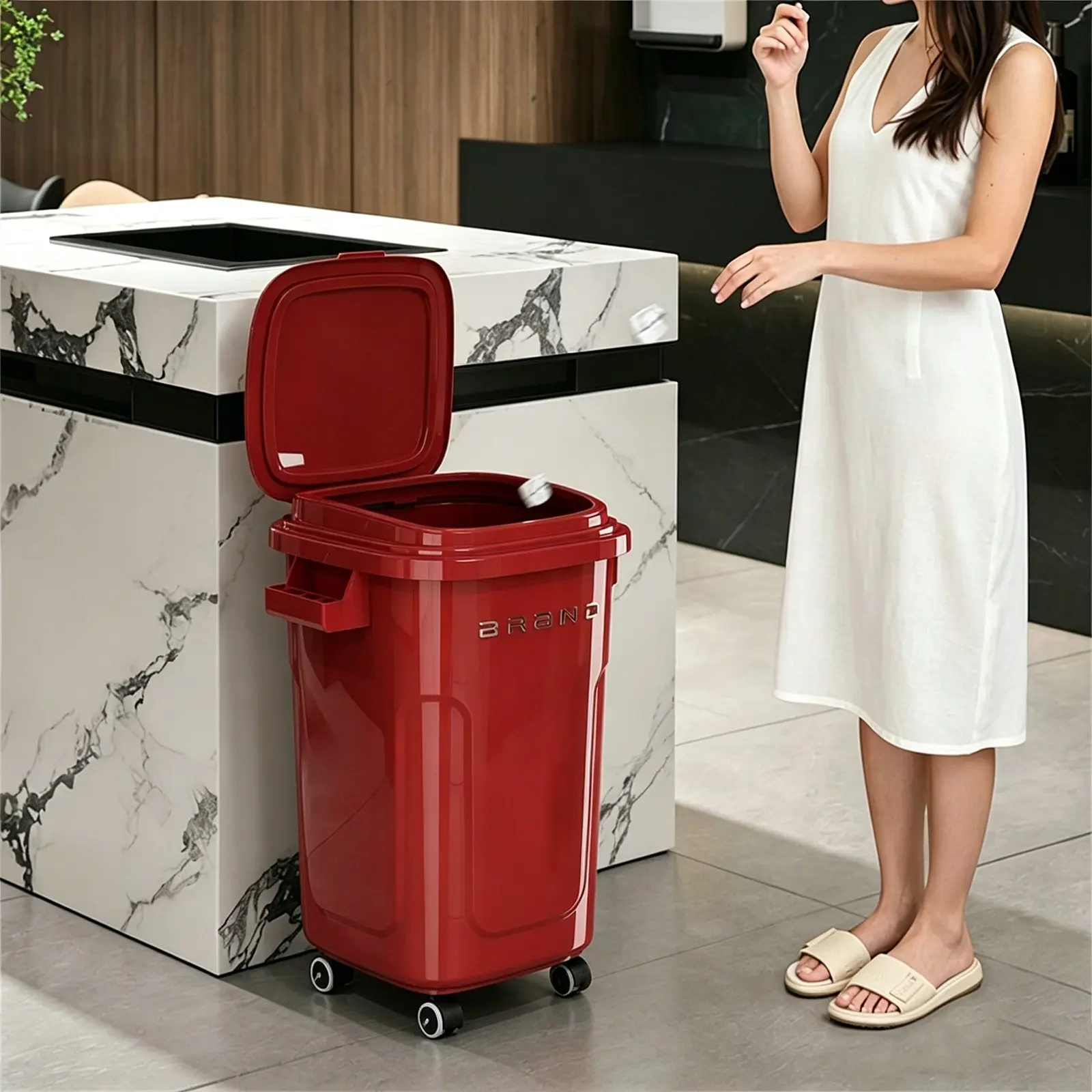 Red/White Press-Top Trash Can with Wheels | 20L Large Capacity, No-Bending & Odor-Proof for Kitchen/Living Room!