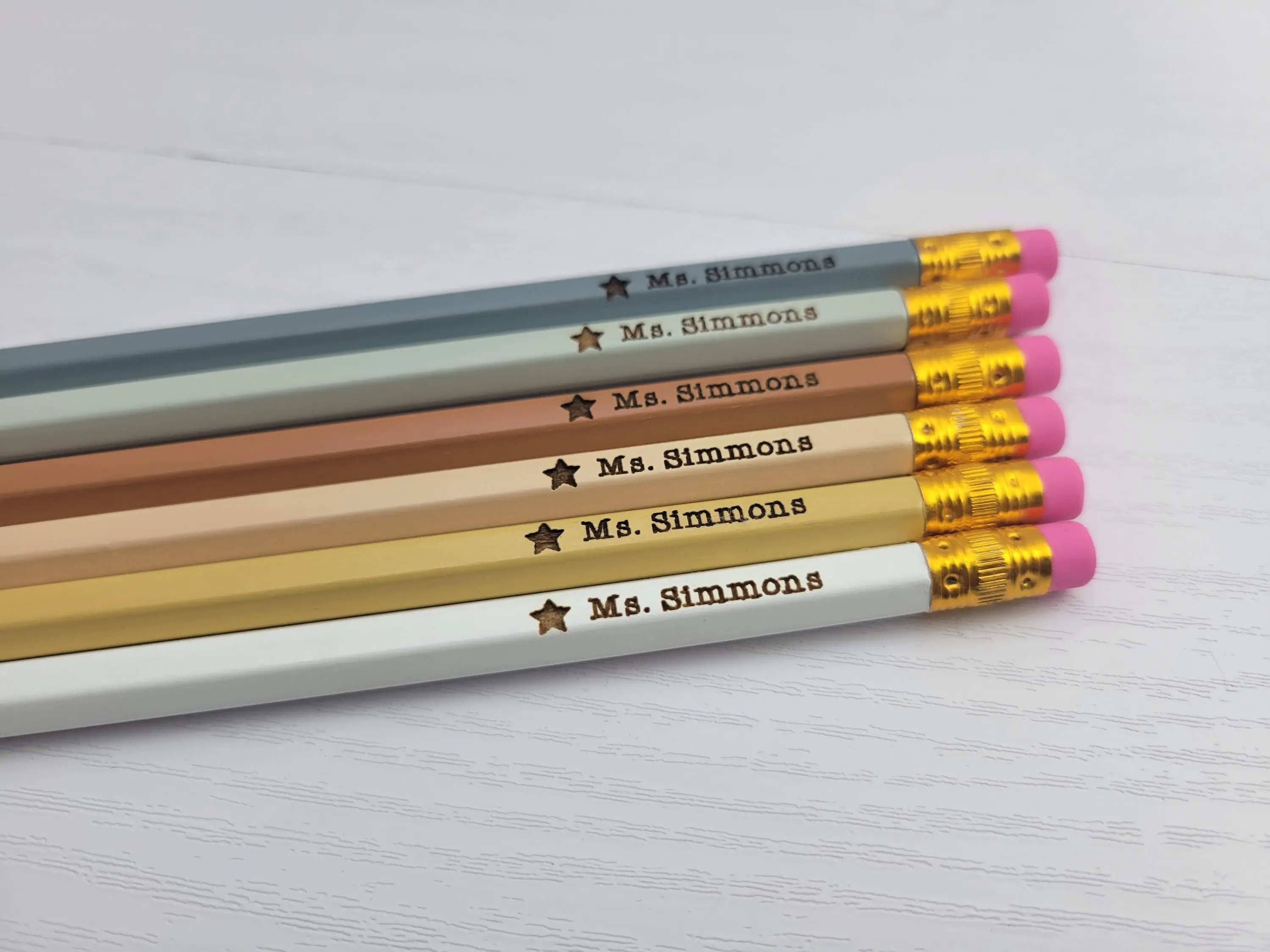 Personalized Engraved Pencils Back to School Supplies for Students or Teacher Gift in Neutral Rainbow Colorway