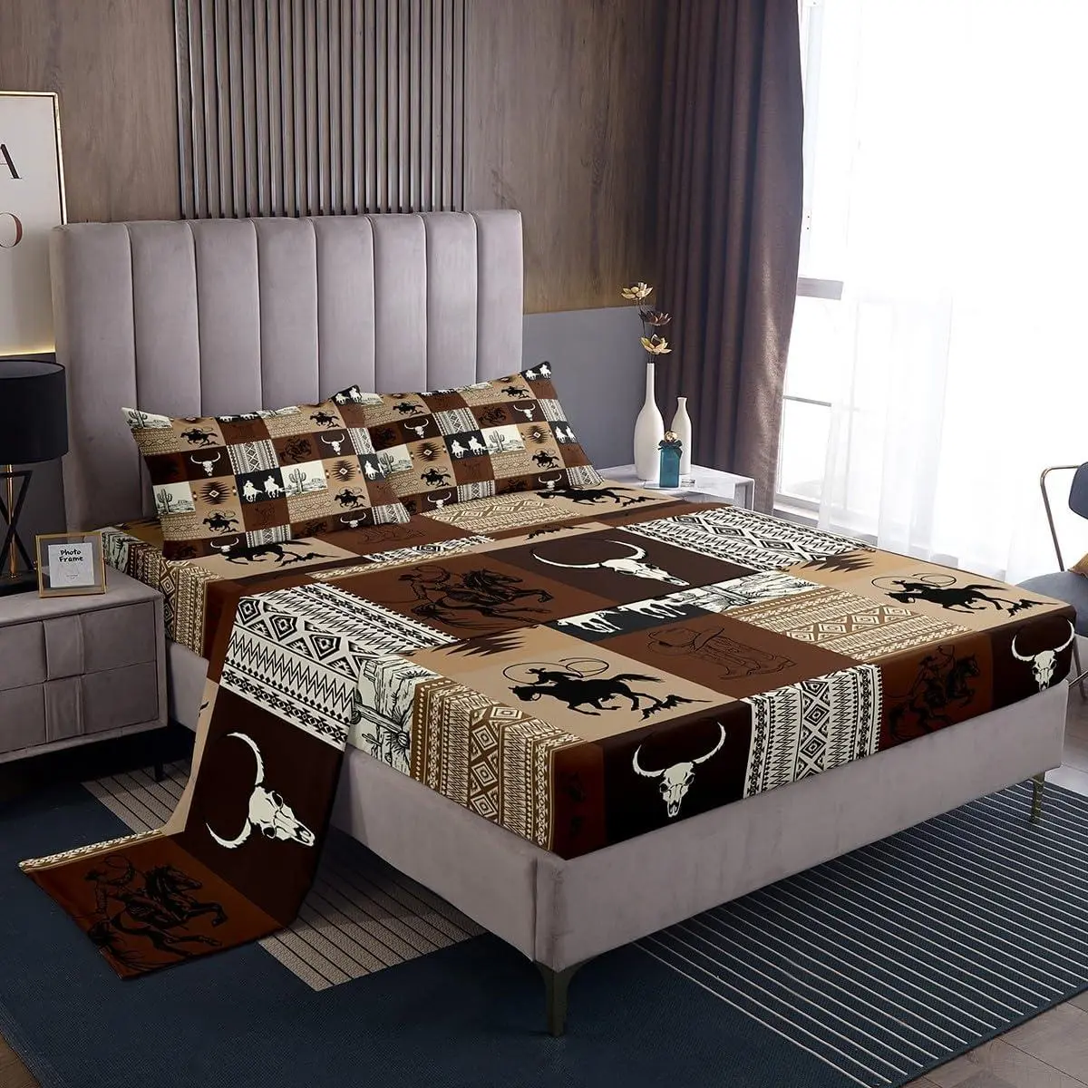Cowboy Bed Sheets Set Western Sheet Set Southwestern Sheets with Deep Pocket Fitted Sheet Boho Aztec Bedding Set Adult Bedroom Decor Microfiber Soft Bed Set