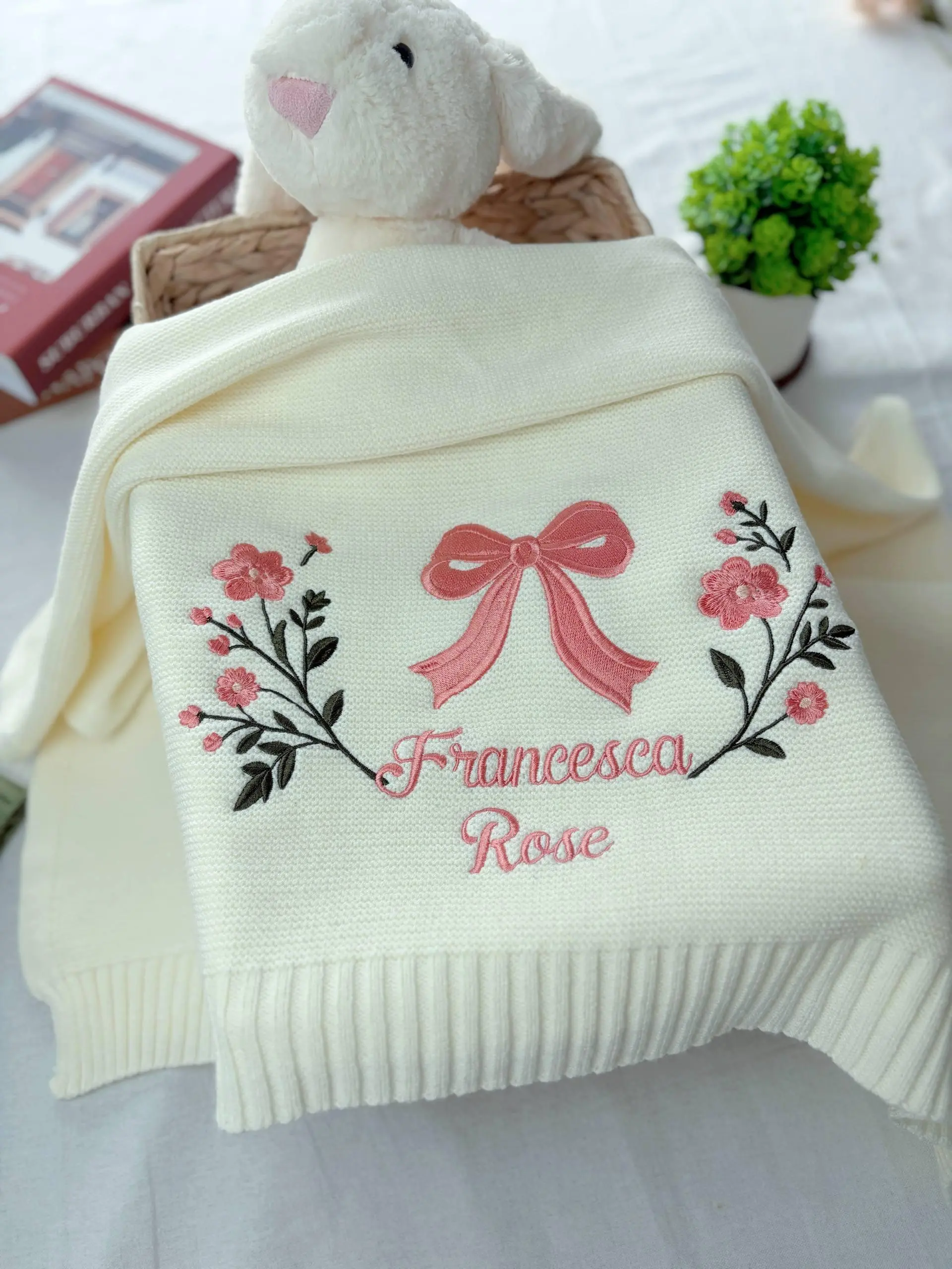 [Made-to-Order] Custom Pink Bow Floral Embroidered Knit Baby Blanket, Personalized Flower Newborn Blanket, Gift for Baby Girl, Baby Shower Gift, Nursery Keepsake