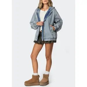 NewWomen´s hoddie denim Jacket Oversized tie waist jean jacket with hood Casual Blue