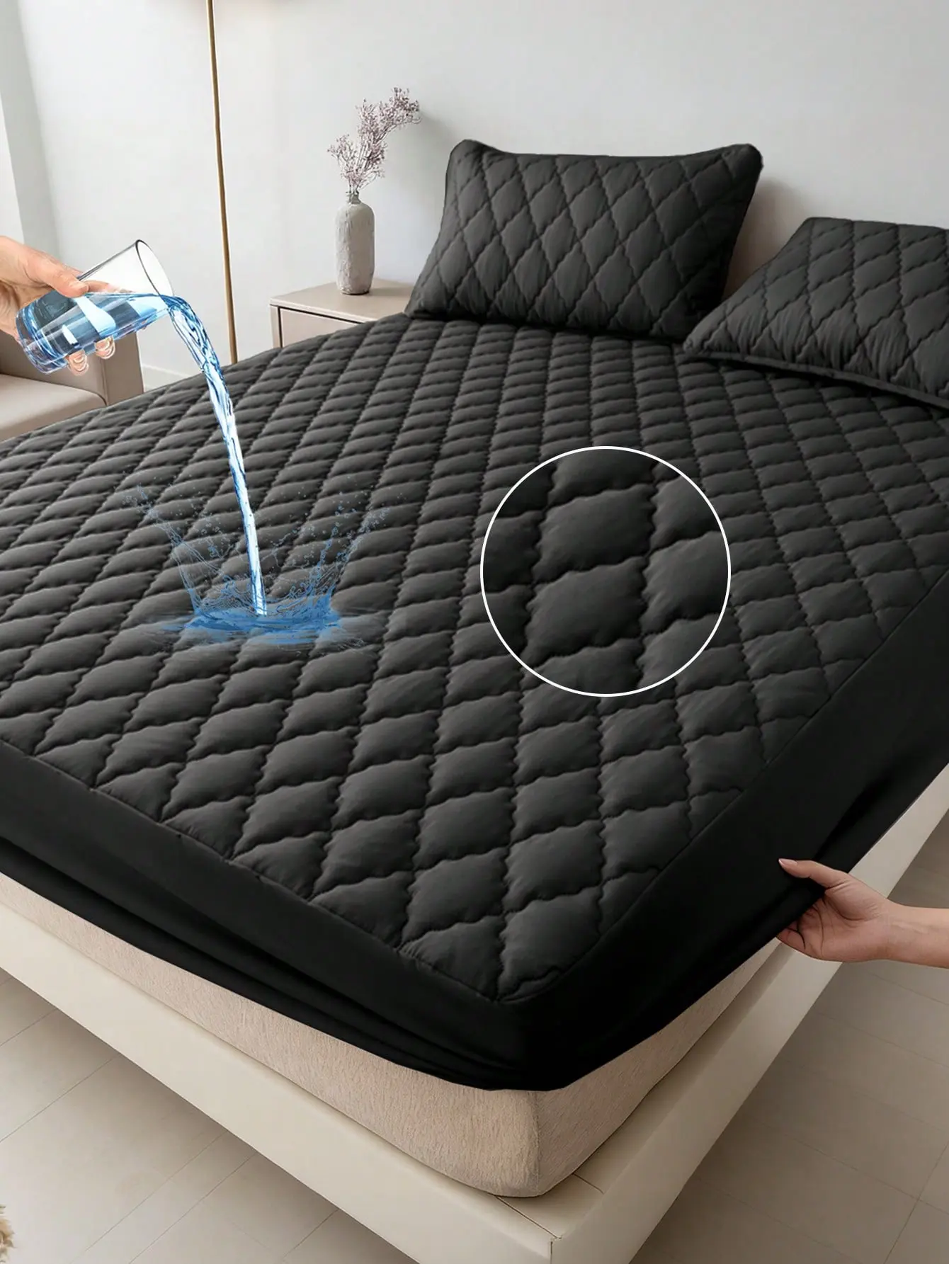 Waterproof Bedding Set with Waterproof Mattress Cover - 1 Solid Black Diamond Grid Fitted Sheet, Soft Skin-Friendly Breathable Polyester Fabric, Bedroom Use