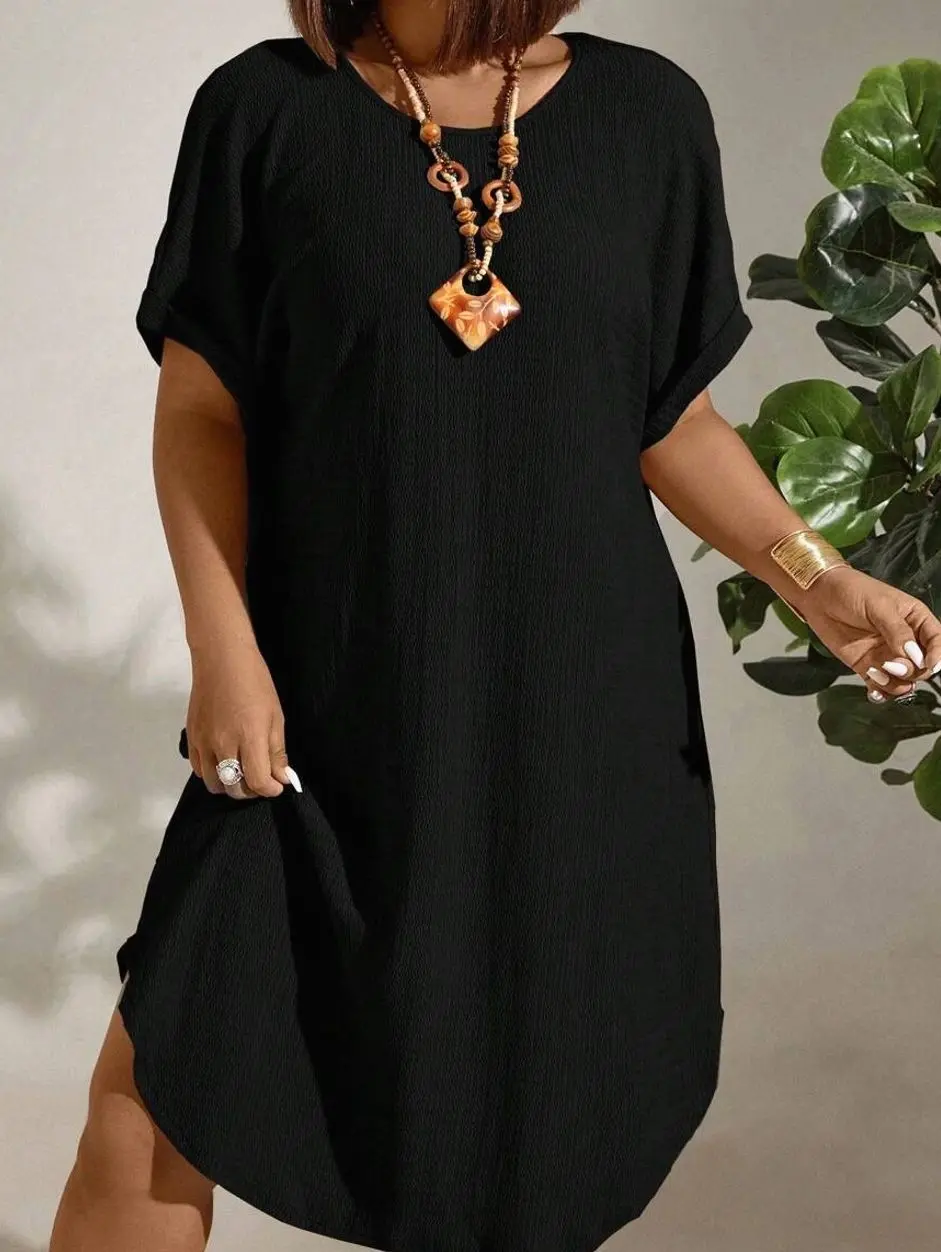 Plus Size Solid Color Batwing Dress, Loose Casual Round Neck Summer Tunic Dress